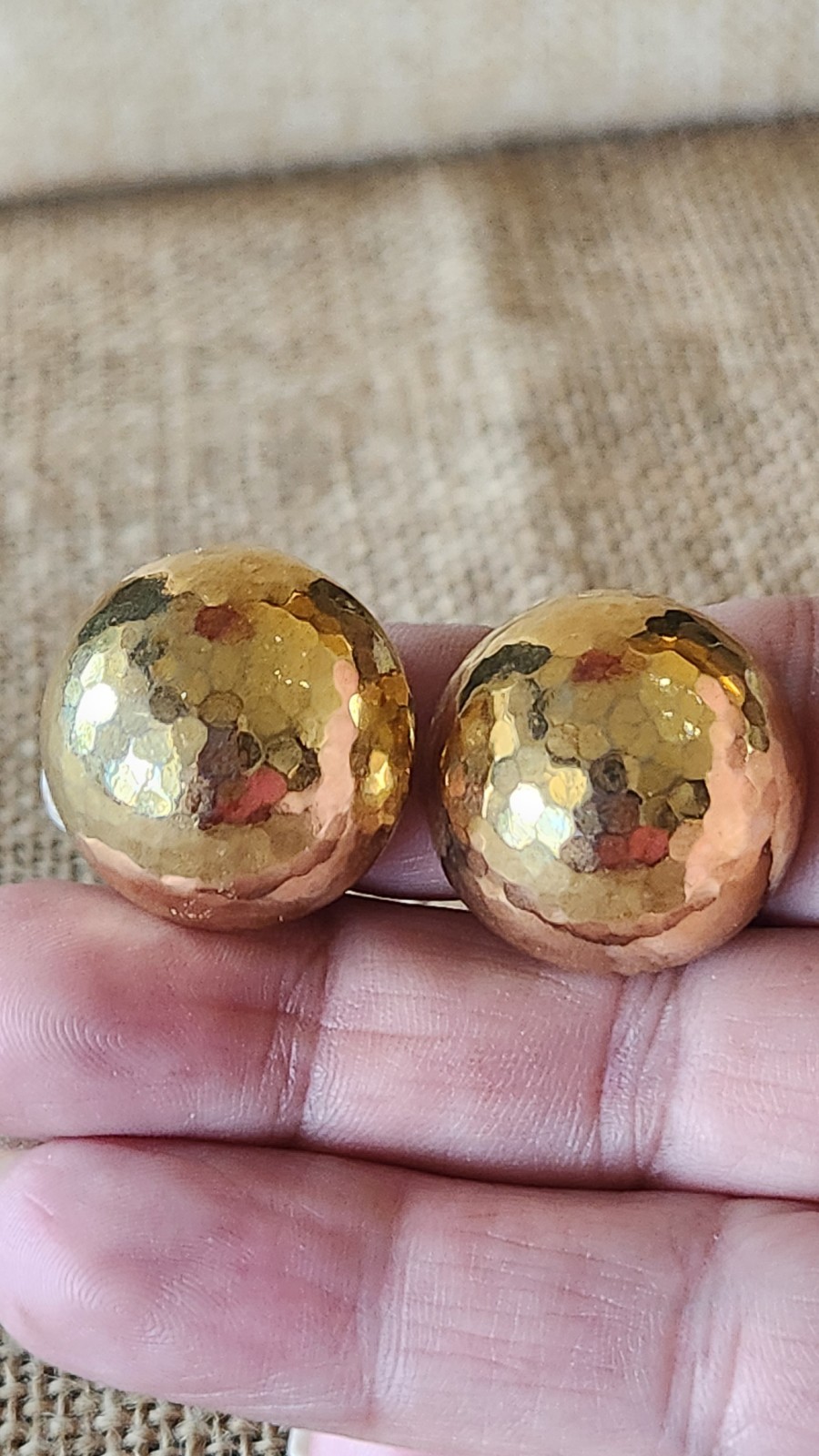Vintage Germany Signed Goldtone Hammered Bubble Shape Clip On Earrings .87
