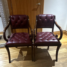 Antique Set of 2 Burgundy Leather Upholstered Dining Armchairs Dark Wood