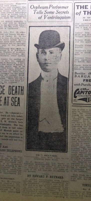 NOV 26, 1909 NEWSPAPER PG #1863- ED REYNARD, "THE GREAT REYNARD" VENTRILOQUIST 
