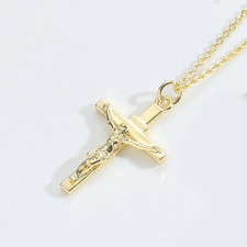 Retro Damen Herren Gold Halskette Kreuz Anhänger 14 K vergoldete Inlay Religion