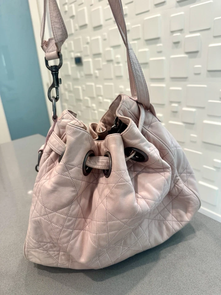 Authentic Christian Dior Cannage-quilted Pink Soft Leather Drawstring Bucket Bag - Image 2 of 4