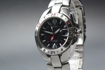 [Exc+5] Seiko Perpetual Calendar GMT 8F56-002A Black Quartz Men From JAPAN W773