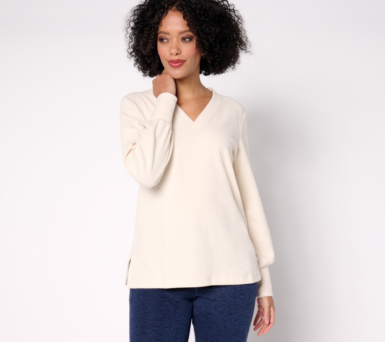 Cuddl Duds Women's Top Sz S Ribbed Fleece V-Neck Pullover White A667646