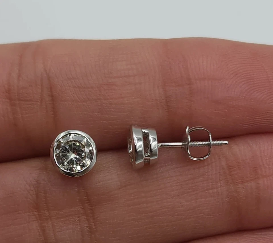 2.00 Ct Round-Cut EF/VS1 Lab Grown Diamond Bezel Stud Earring 14k White Gold - Image 2 of 4