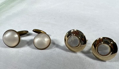 2 Pair Vintage Cufflinks Shell And Bean Back 
