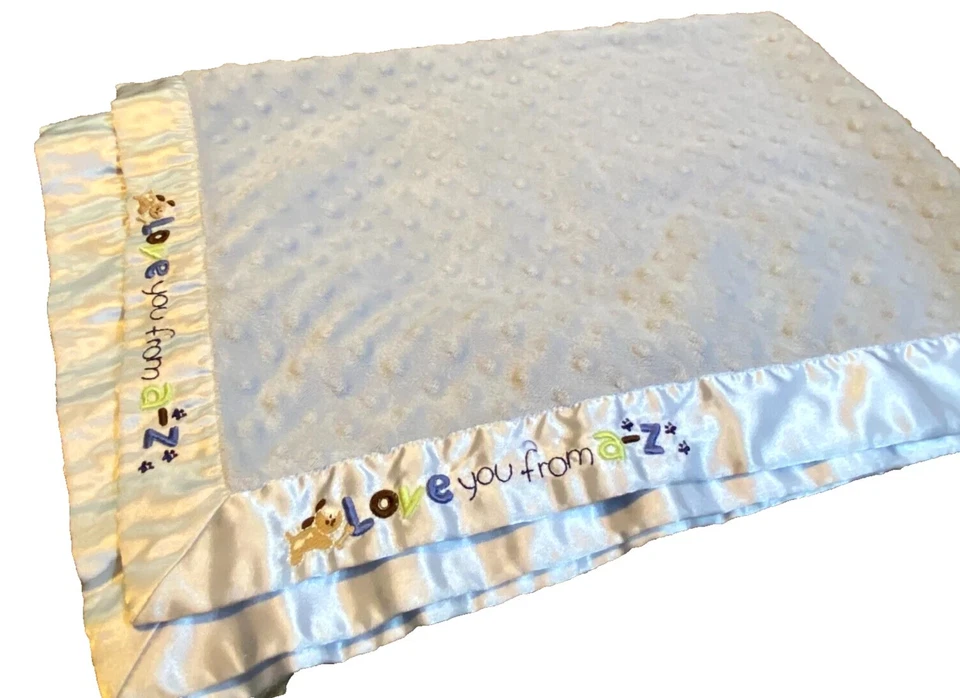 6S Carter's Blue Puppy Dog Love From A-Z Minky Dot Plush Satin baby crib Blanket - Image 2 of 4