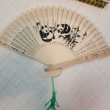 Vintage Hand Folding Fan Design Panda Bears green tassel