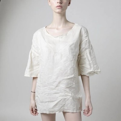 BECASA Women's L White 100% Linen Flutter Sleeve Oversized Tunic Top Made In USA