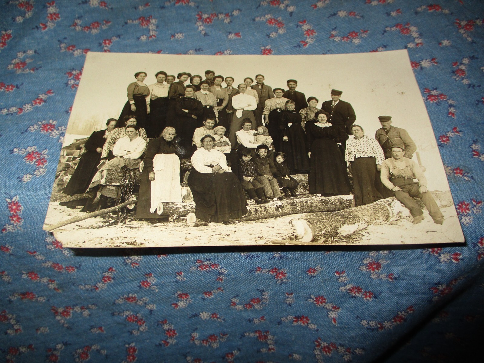 Old Postcard RPPC Group of People Outside  On Back  Visiting the Logging Camp