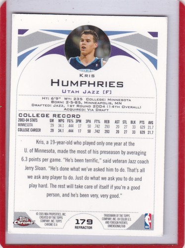 2004-05 Topps Chrome RC Refractor Kris Humphries #179 - Jazz - Picture 2 of 2