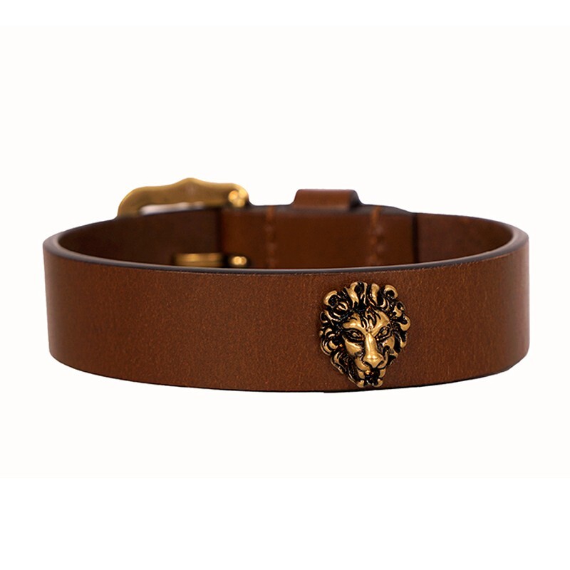 M NEW $525 GUCCI Brown Leather Aged Gold Metal LION HEAD