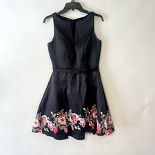 NariAnna Fit & Flare Mini Dress Womens M Black Sleeveless Pleated Floral Mesh