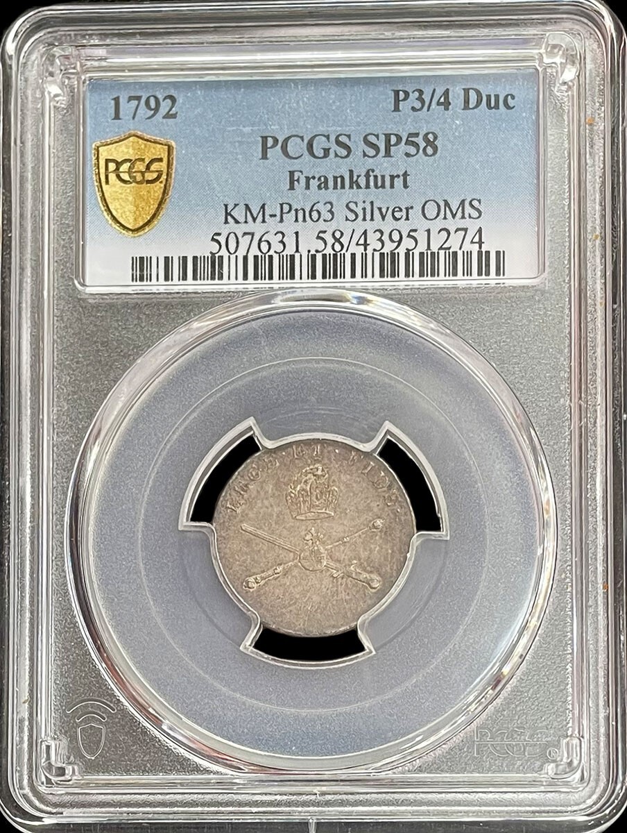 1792年　2ダカット　フランクフルト　シルバー　PCGS MS63 1792 SILVER FRANKFURT GERMAN STATES SPECIMEN PATTERN 3/4