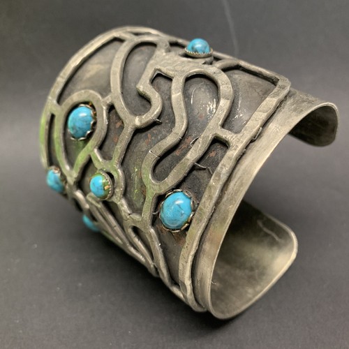 VINTAGE RIESIGES MODERNIST BRUTALIST silberfarben SIMULIERTES TÜRKIS BREITES ARMBAND