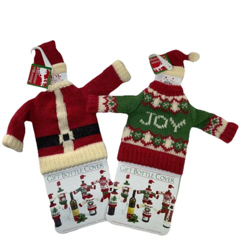 Lot Of 2 Christmas Sweater & Hat Wine Bottle Cover "Joy" AND Santa Booze Bottle