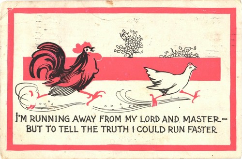 Rooster & Hen Running, I'm Running Away From My Lord And Master Comic Postcard