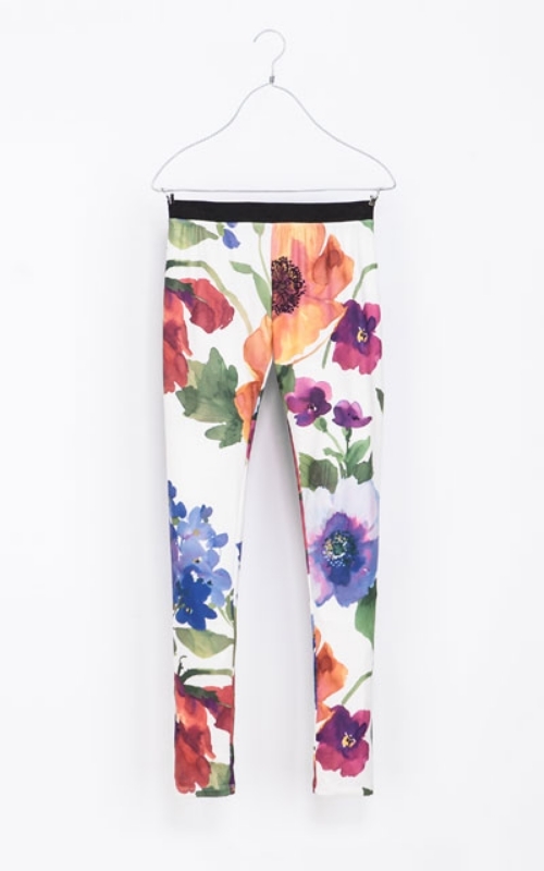 ZARA TRF White Tropical Floral Stretch Leggings with Black Waistband