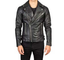 Men's Black Genuine Lambskin Leather Motorcycle Biker Jacket Quilted Cafe Coat