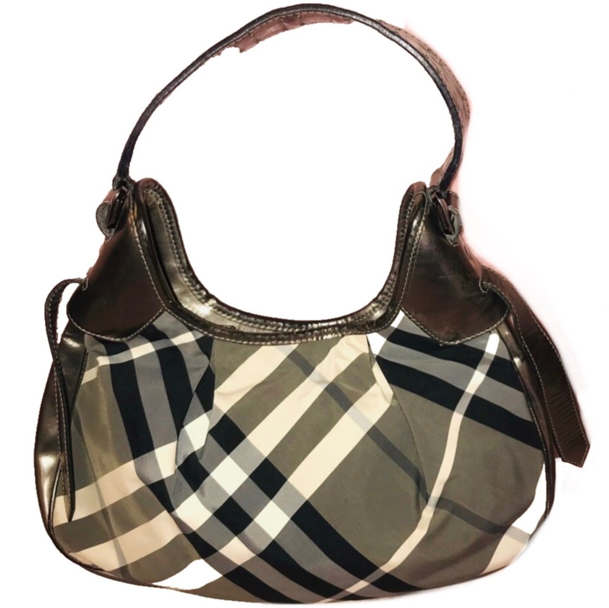 BURBERRY PATENT LEATHER BLACK WHITE GRAYS NOVA CHECK SHOULDER HOBO