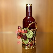 Vintage Red Glass Bottle Ornament with Wicker Basket and Grape Accents, 6  