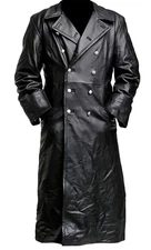 Mens German WW2 Style Black Leather Officer Trench Coat Military Long Jacket