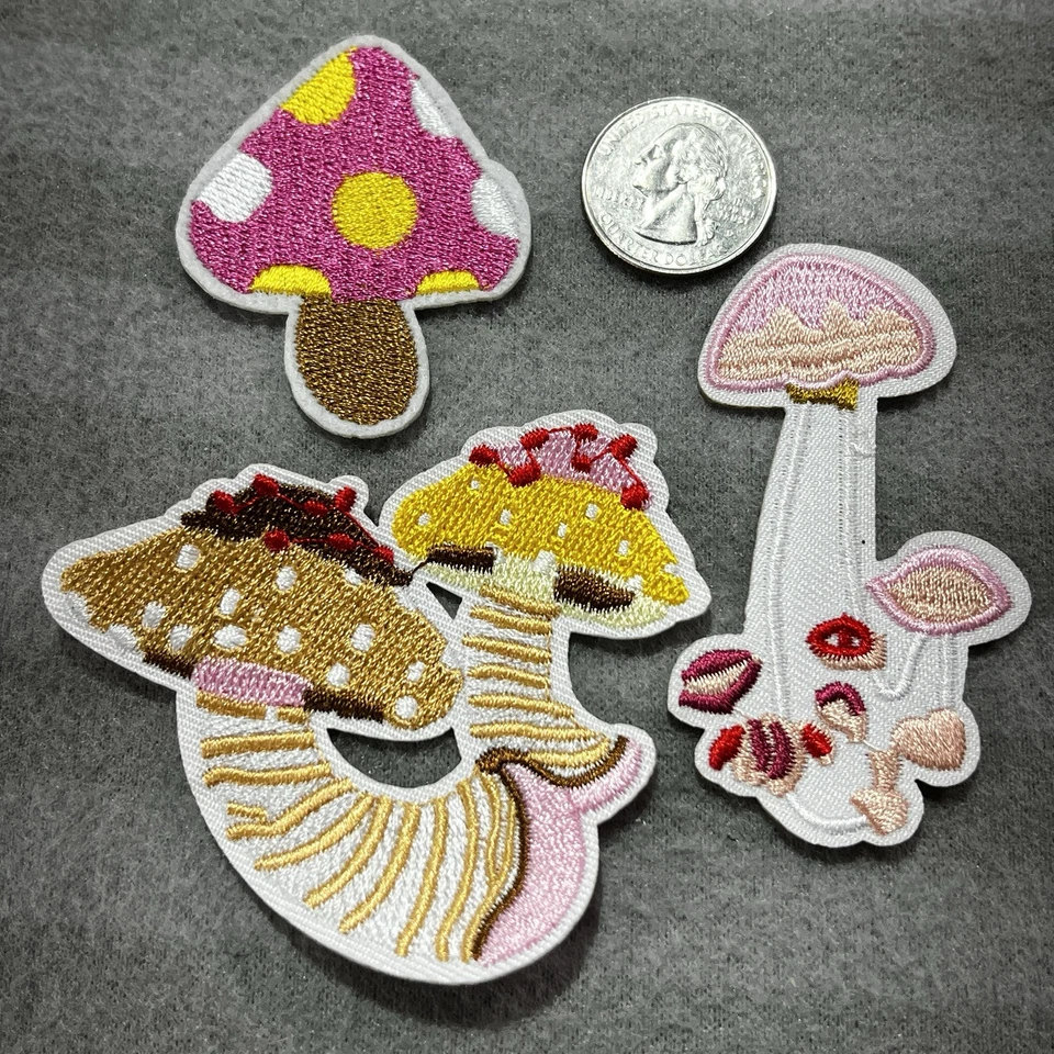 🔥Lot Of 3 Mushroom Magic Embroidered Iron On Patch Hippie Love Yellow Blue Red - Image 2 of 2