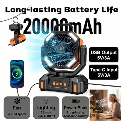 Camping Fan with Light,20000mAh Battery Powered,Rechargeable Portable Fan，New,o