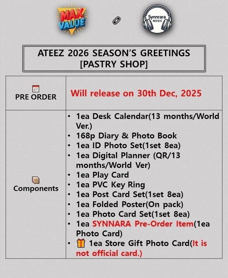 ATEEZ 2026 SEASON’S GREETINGS PASTRY SHOP/Calendar+Diary+Buch+KeyRing+Karte+GIFT - Bild 2 von 4