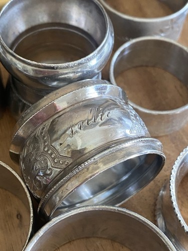 (13) VICTORIAN Assorted Silverplate NAPKIN RINGS Some Monogrammed Antique