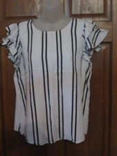 A New Day White with Black Stripes Ruffled Sleeve Pullover Blouse - Size M