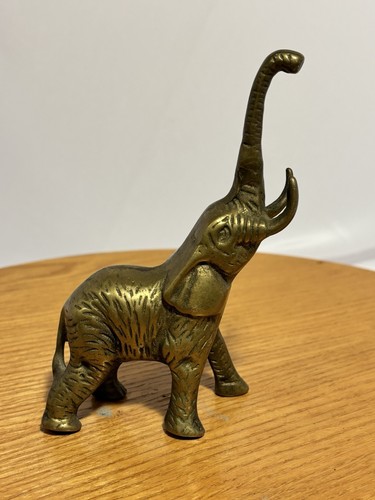 Vintage Solid Brass Textured Elephant Lucky Trunk-Up 6 inches tall - Picture 5 of 10