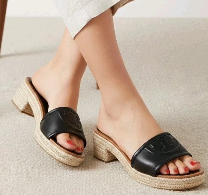 Tory Burch Fleming Alpargata Acolchada Mules Tacones Negro Talla 7.5 Foto 2 de 4