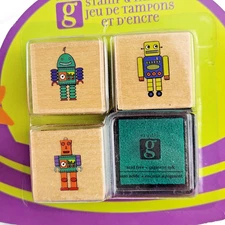 Studio G Robot Rubber Stamp & Ink Set Hampton Art 1x1 inch Wooden New Stamps