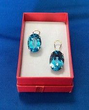 14K Gold 11 Carat Each London Blue Topaz Faceted Stud Earrings 13 X 18 mm