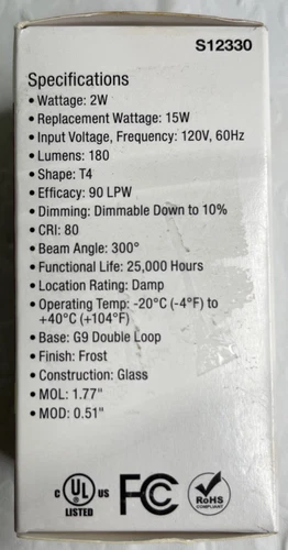 SATCO G9 15 Watt LED Replacement Bulb- Soft White, 2, Frosted, 180 Lumens, 3000K - Picture 4 of 8