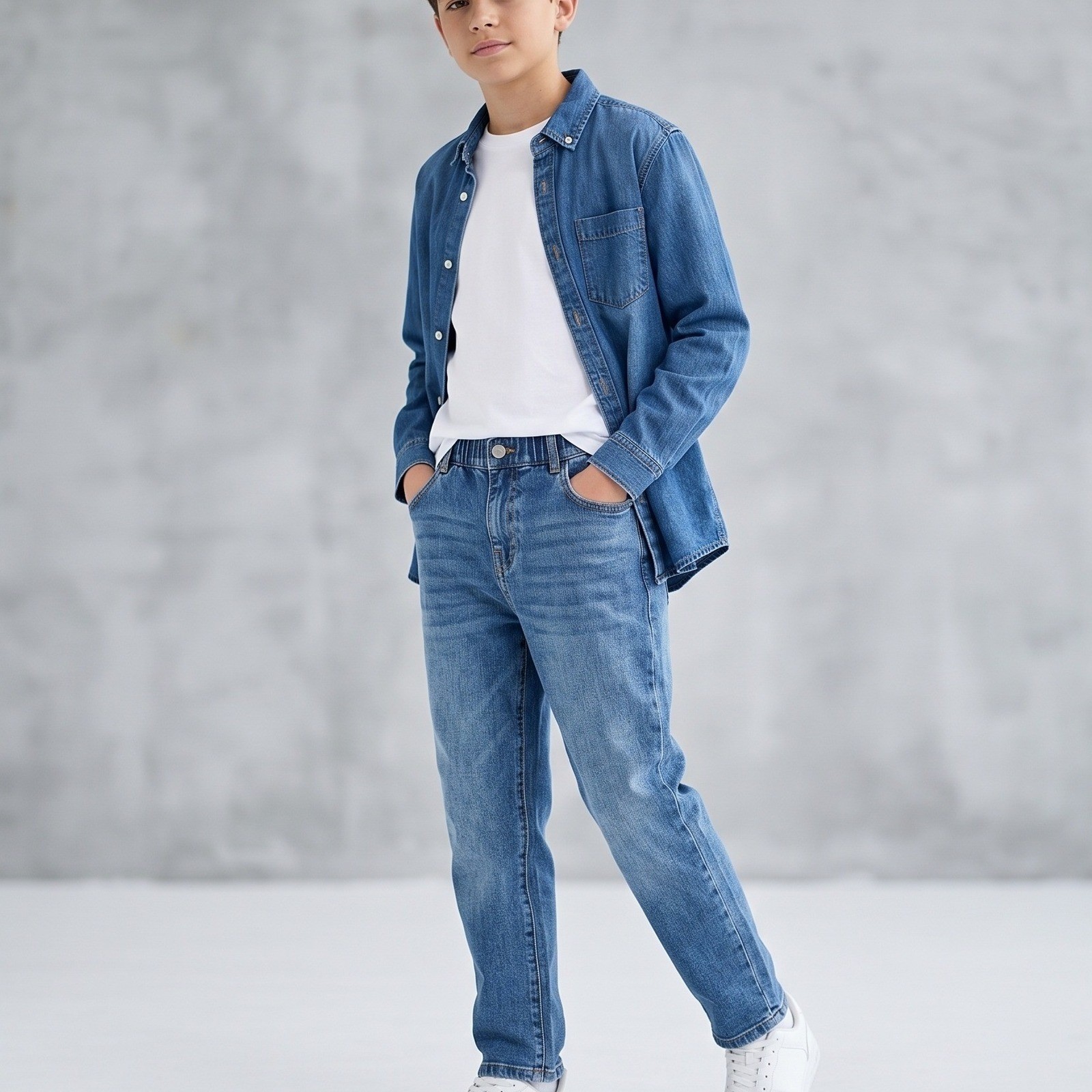 Zara Kids Boys Blue Medium Wash Elastic Waist Denim Jeans Size 13-14- 164cm
