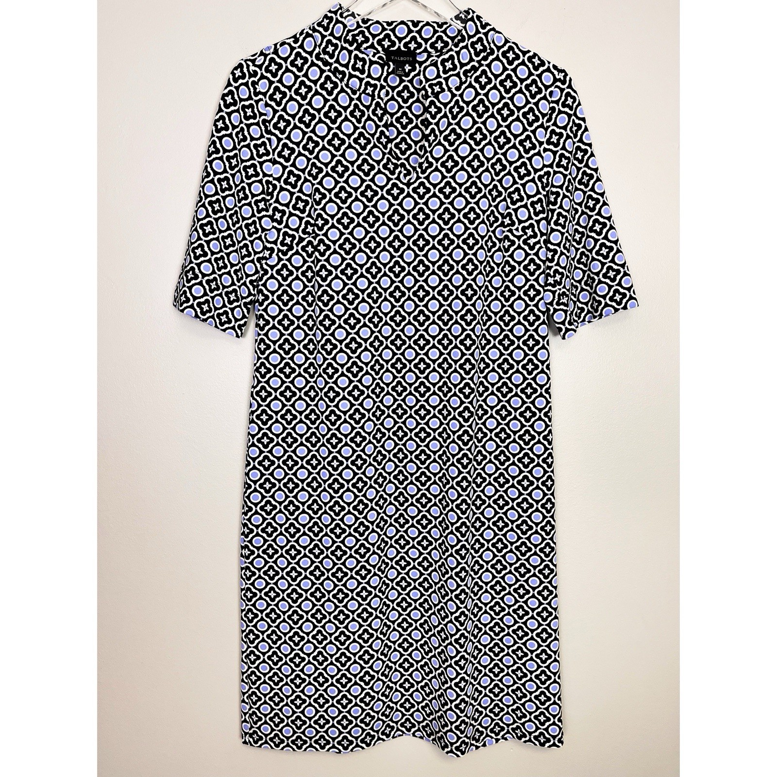 Talbots Black Blue Geometric Printed Split Neck N… - image 1