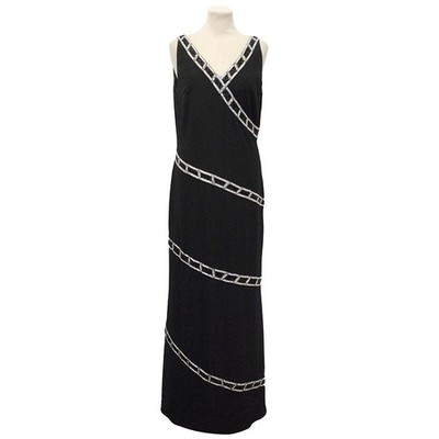 Vintage 1990s BOB MACKIE Black Beaded V-Neck Low Back Maxi Column Dress 8