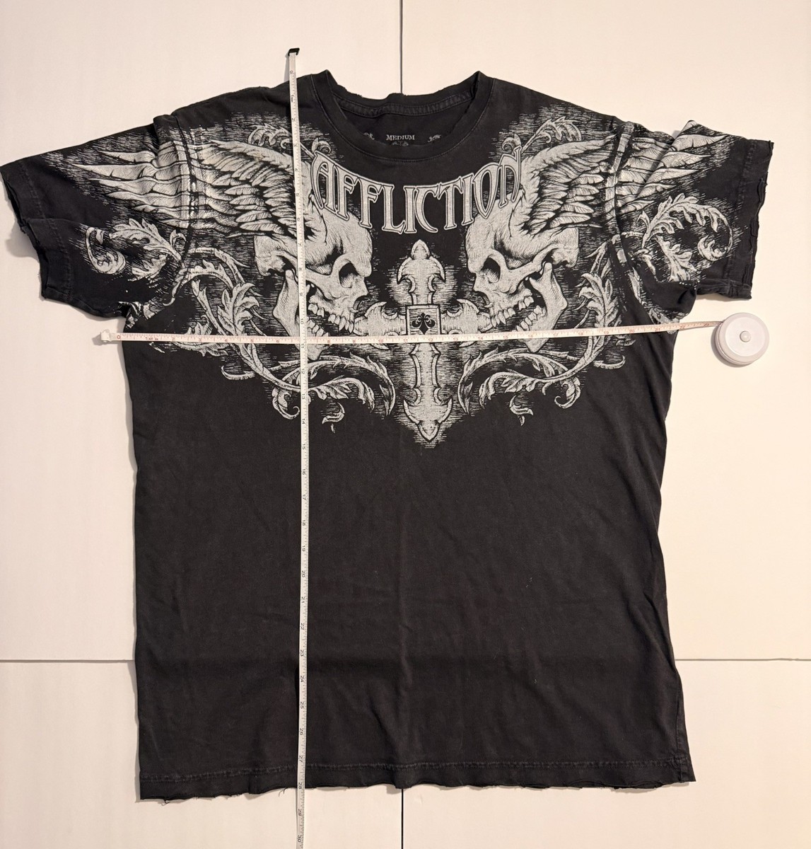 Affliction Gothic Cross Wings Skull T-Shirt Medium Dark Gray