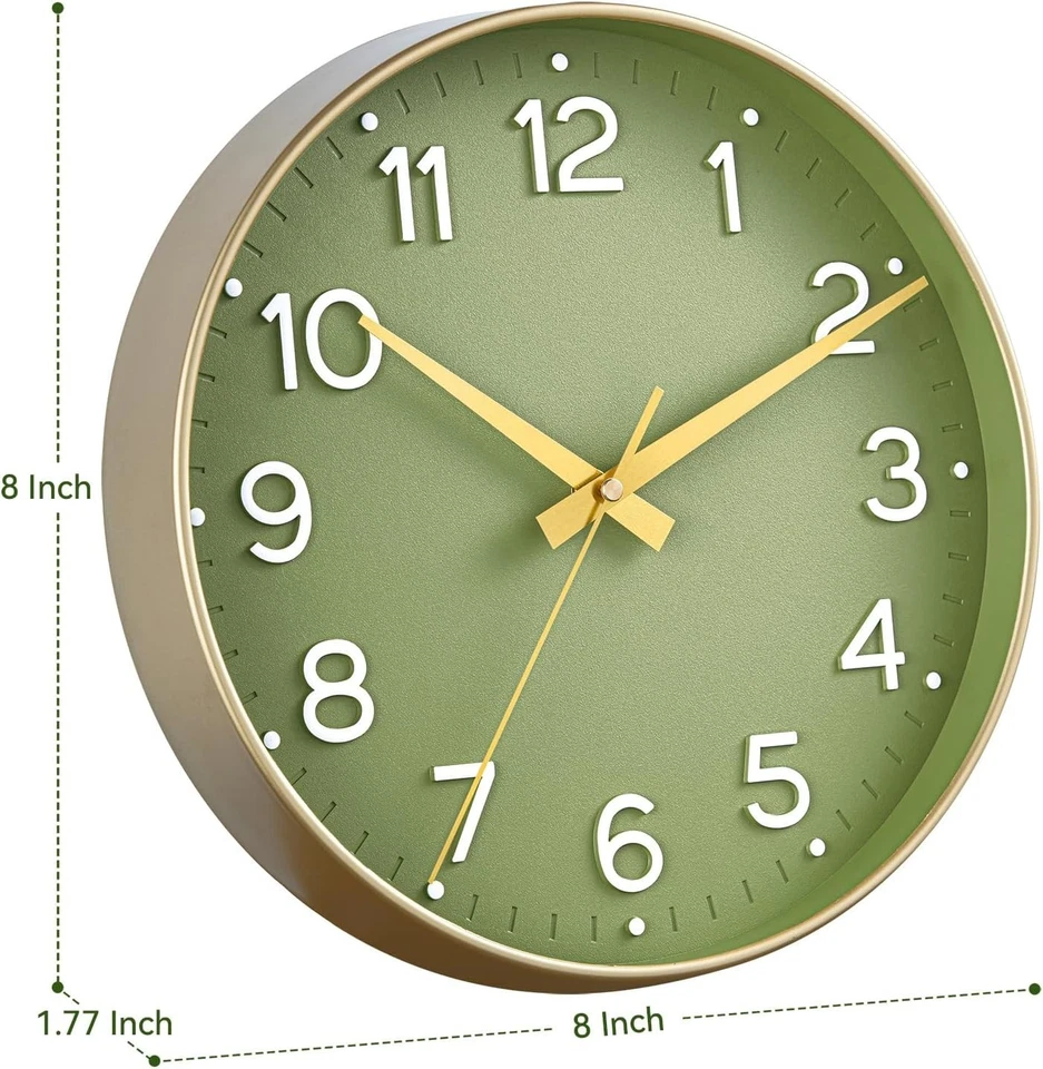 Reloj de Pared Verde, Relojes de Pared Silenciosos Funciona con Pilas 8 Pulgadas-Moderno Sin Tictac Foto 2 de 4