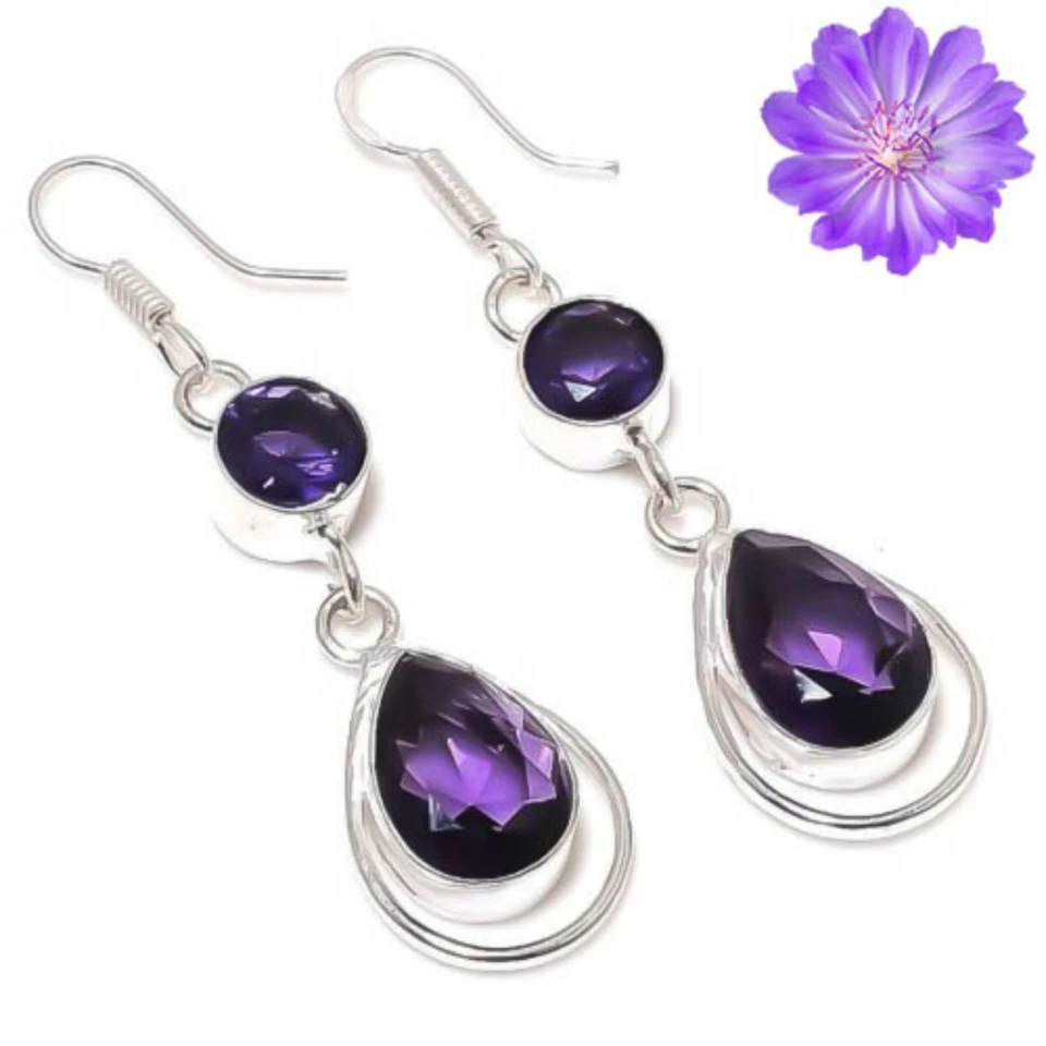 African Amethyst Gemstone Handmade 925 Sterling Silver Jewelry Earrings 1.90" - Image 3 of 4