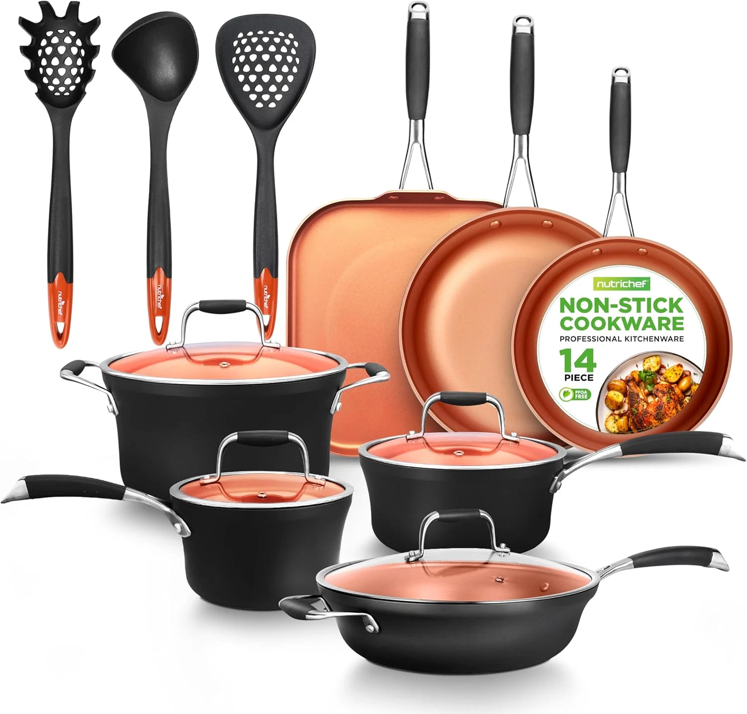 14-Piece Non-Stick Cookware Set - Induction Ready with Lids & Tools