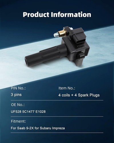 ECCPP 4 Ignition Coils & 4 Iridium Spark Plugs, UF528, for Subaru, Saab 2.0L - Picture 3 of 9