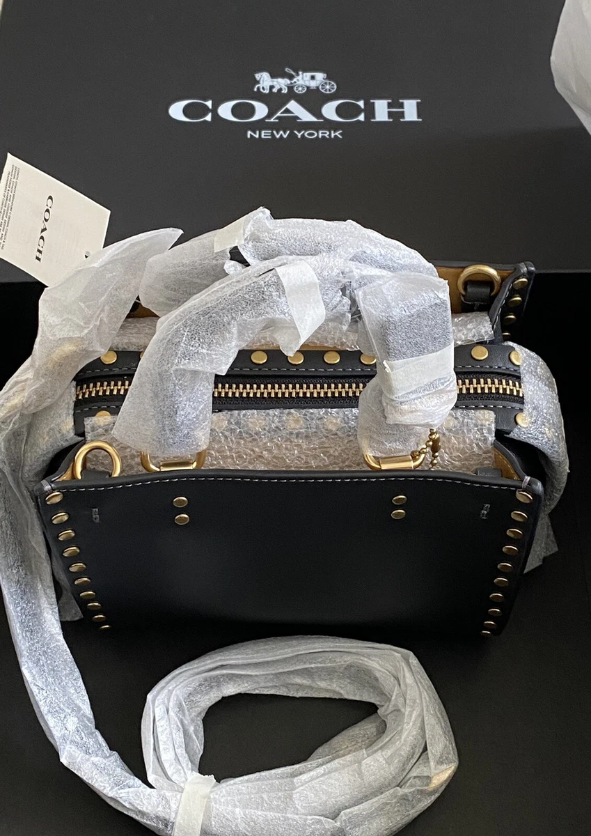 NWT COACH BLACK LEATHER ROGUE 17 WITH RIVETS CC379 GIFT BOX