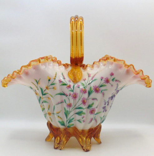 Antique Victorian Harrach Hand Painted Enamel Floral Embossed Glass Basket Vase - Picture 3 of 22