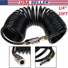 25ft 1/4" Coiled Air Hose Polyurethane Air Compressor Brass Coupler Plug Recoil.