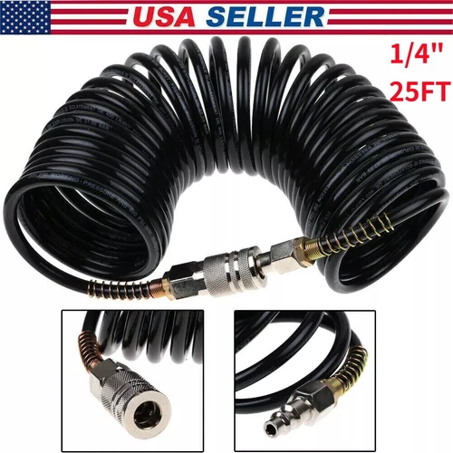 25ft 1/4" Coiled Air Hose Polyurethane Air Compressor Brass Coupler Plug Recoil.