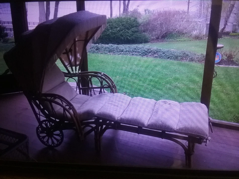 Chaise lounge antiguo raro de ratán con dosel de flecos Foto 3 de 4