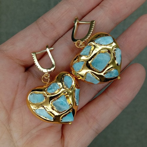 Natural Blue Larimar Heart Shaped Yellow Gold Plated Dangle Lever Back Earrings - Picture 4 of 5