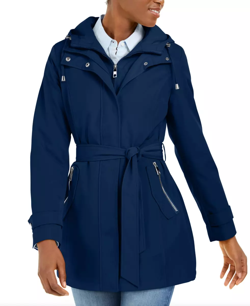 Nautica Womens Navy Seas Hooded Belted Water Resistant Raincoat